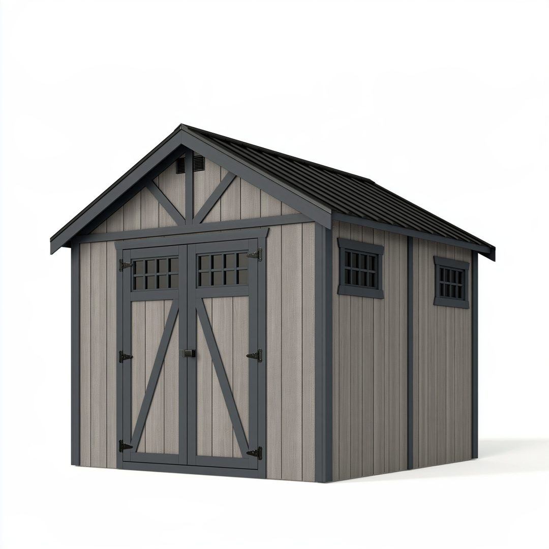 Abri de jardin 180 x 120 x 190 cm en résine gris anthracite à double porte avec fenêtres