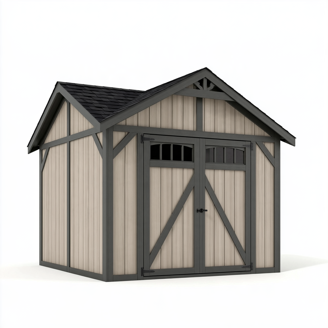 Abri de jardin 244 x 244 x 250 cm en résine beige et anthracite à doubles portes style chalet