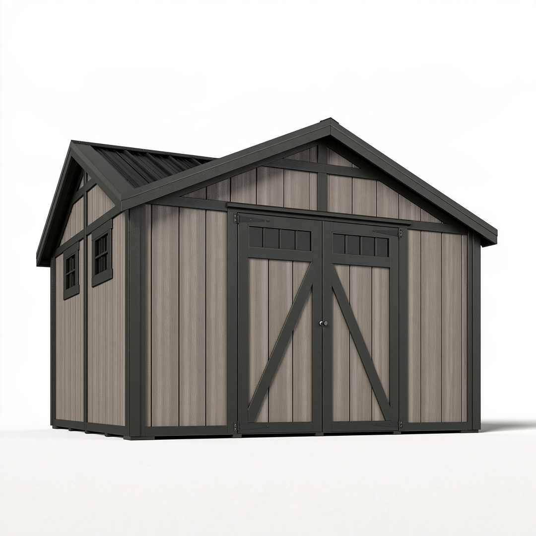Abri de jardin 320 x 240 x 230 cm en résine gris anthracite à double porte style grange
