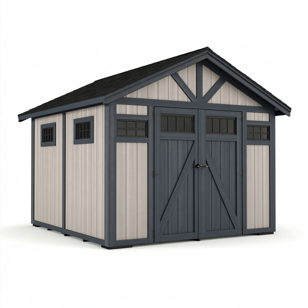 Abri de jardin 350 x 240 x 235 cm en résine beige et anthracite - double porte style chalet