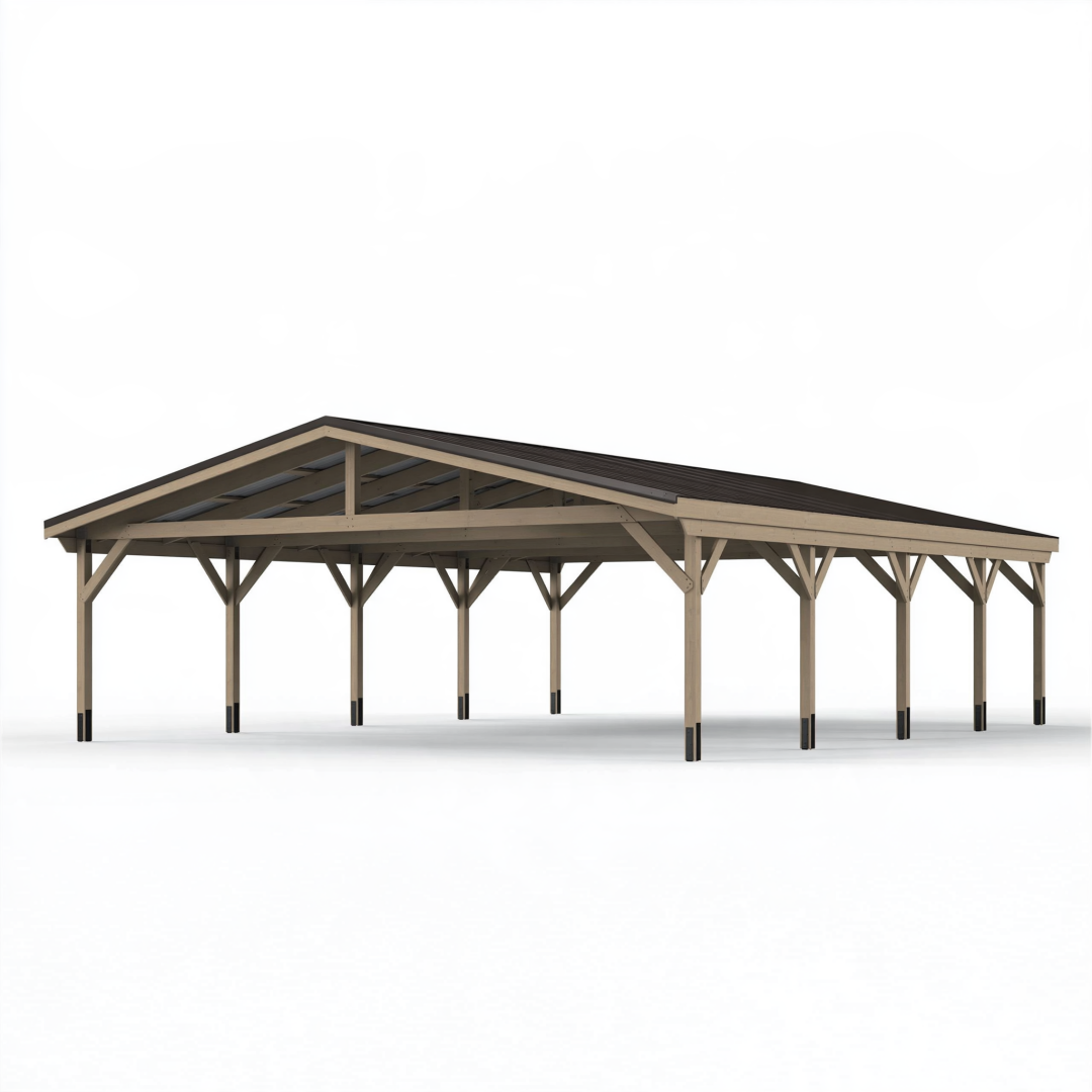 Abri voiture 600 x 500 x 300 cm en bois beige avec toiture foncée pour extérieur