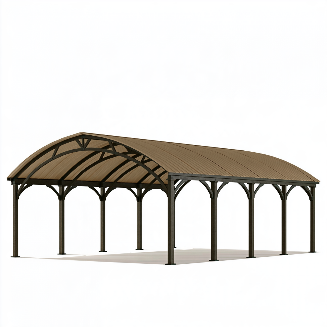 Abri voiture 600 x 300 x 290 cm acier noir toit brun arqué extérieur