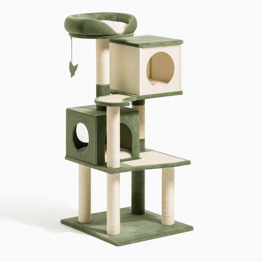 Arbre à chat 60 x 50 x 145 cm vert et beige en bois et sisal avec niches plateformes et griffoirs