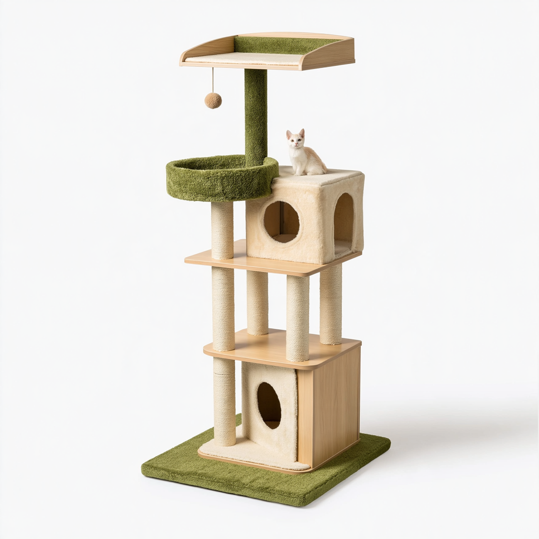 Arbre à chat 60 x 50 x 170 cm en bois beige et vert avec griffoirs et niches