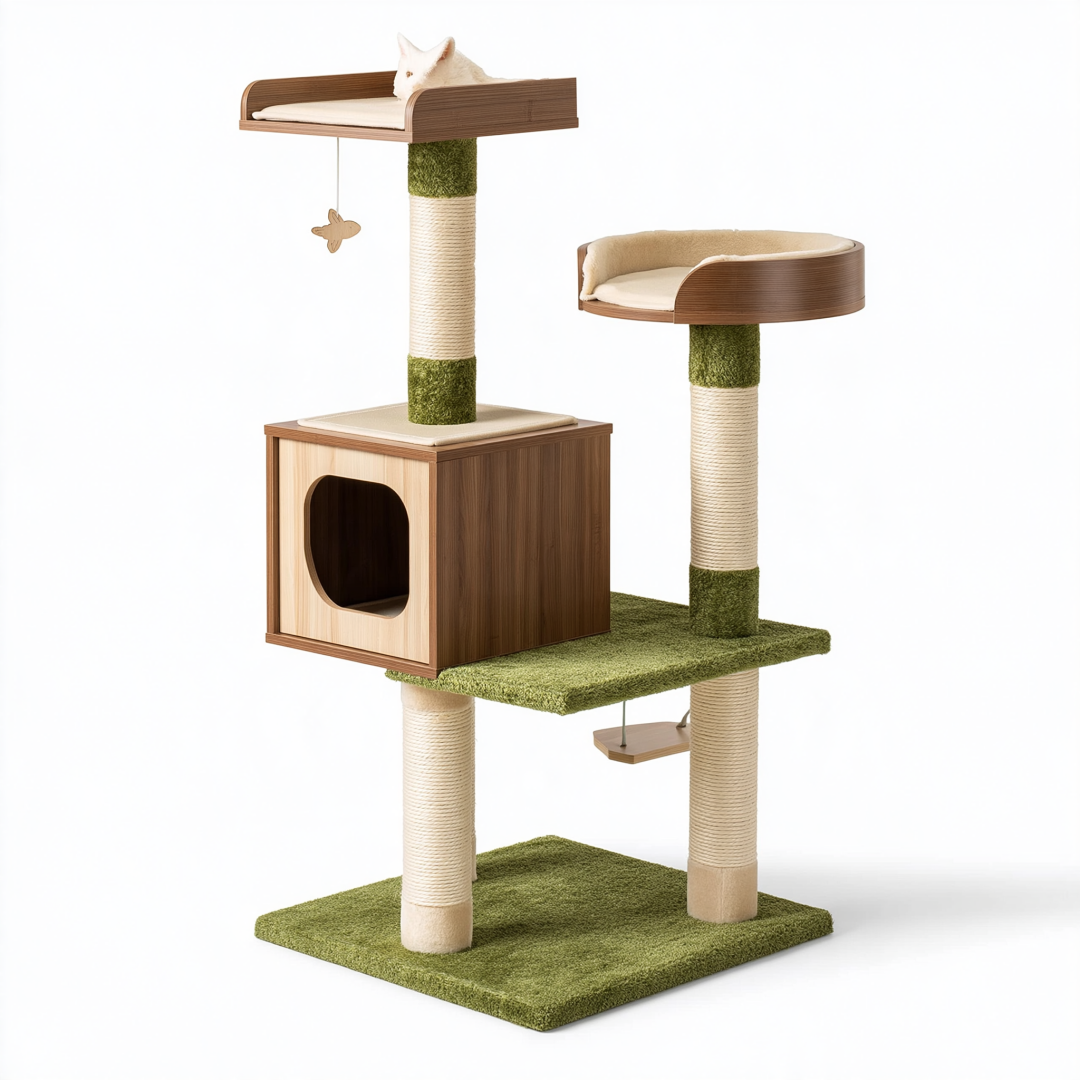 Arbre à chat 60 x 50 x 150 cm en bois brun et vert avec griffoirs en sisal et plateformes