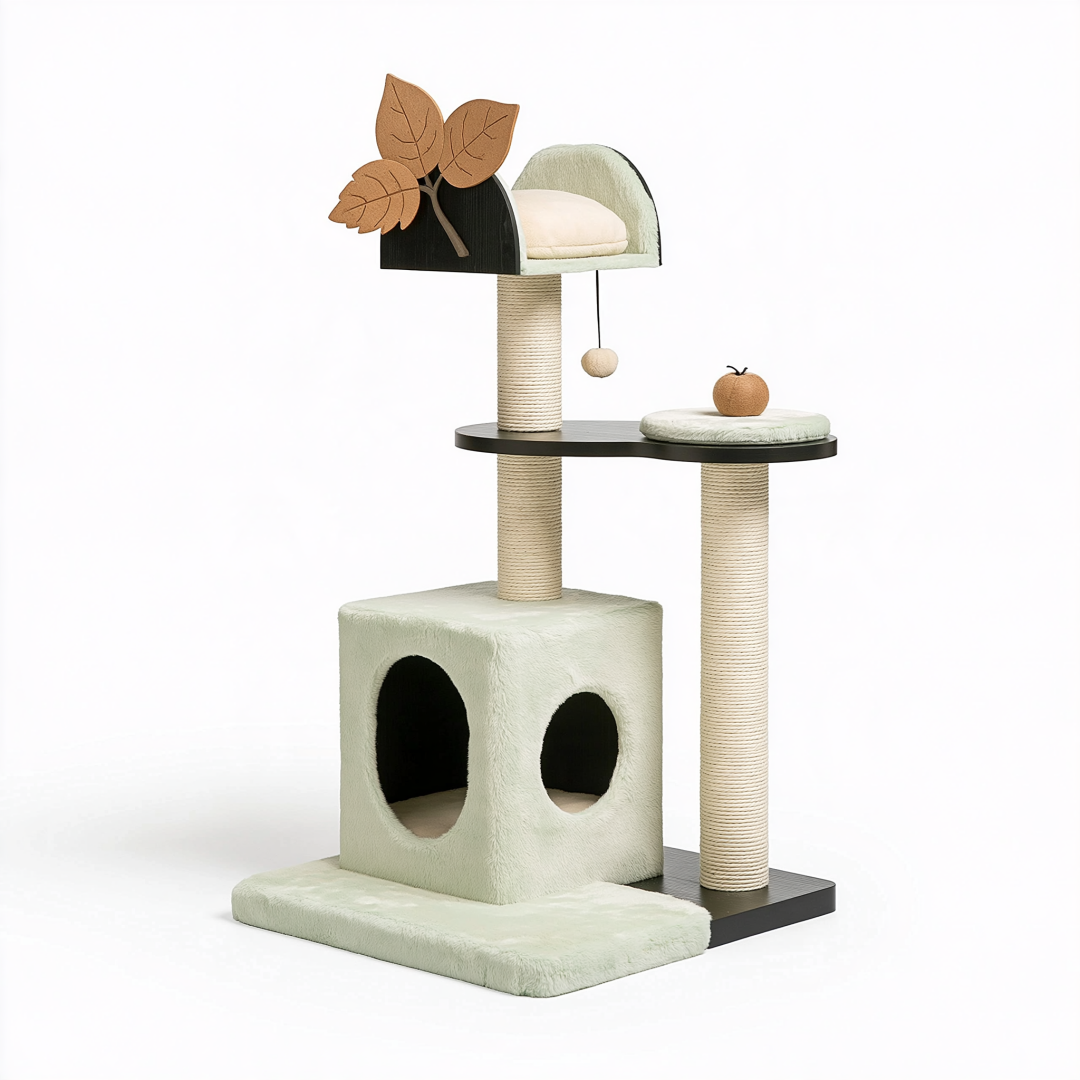 Arbre à chat 60 x 50 x 120 cm en sisal et peluche vert pâle avec niches et griffoirs