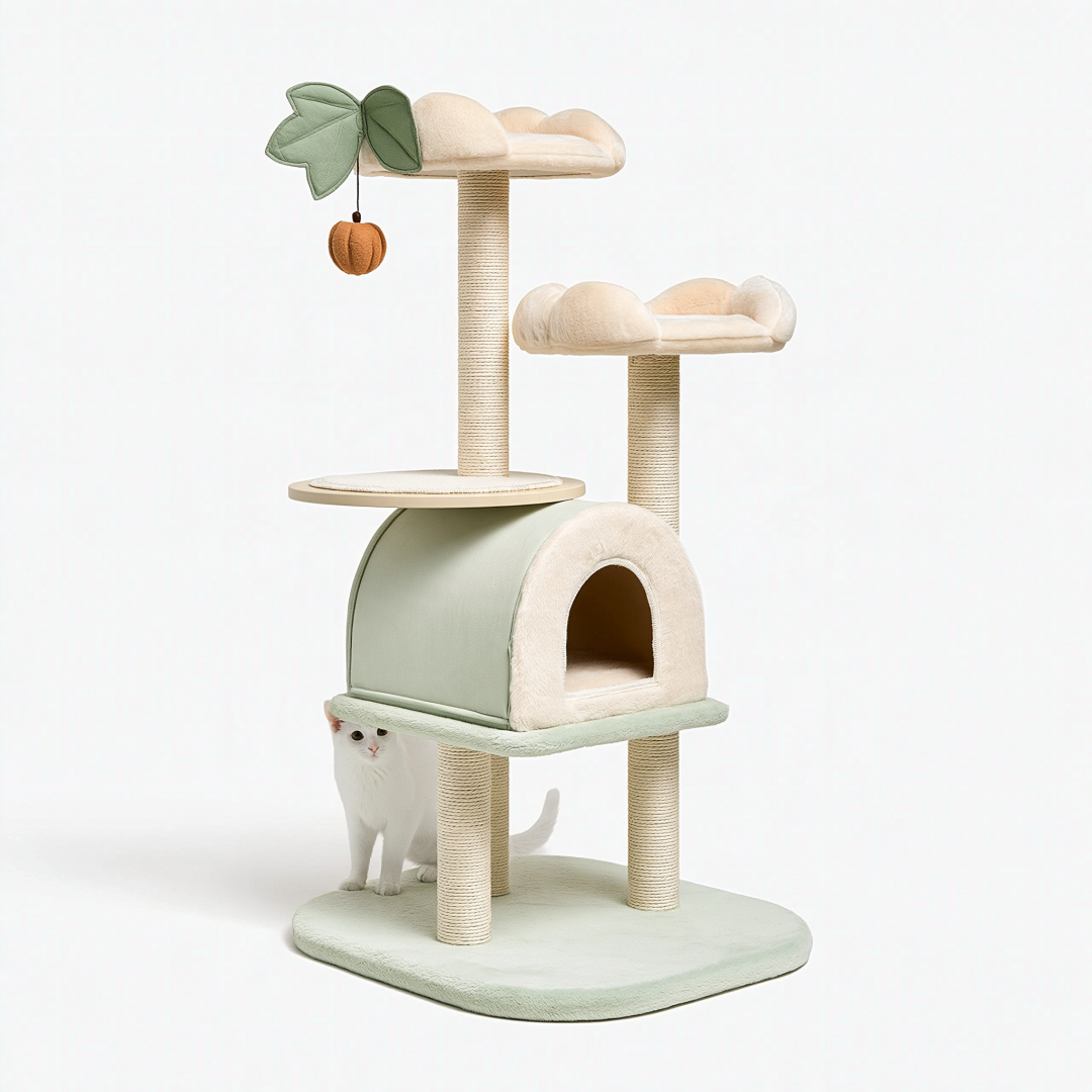 Arbre à chat 60 x 50 x 150 cm en sisal et tissu vert sauge avec niches plateformes et griffoirs