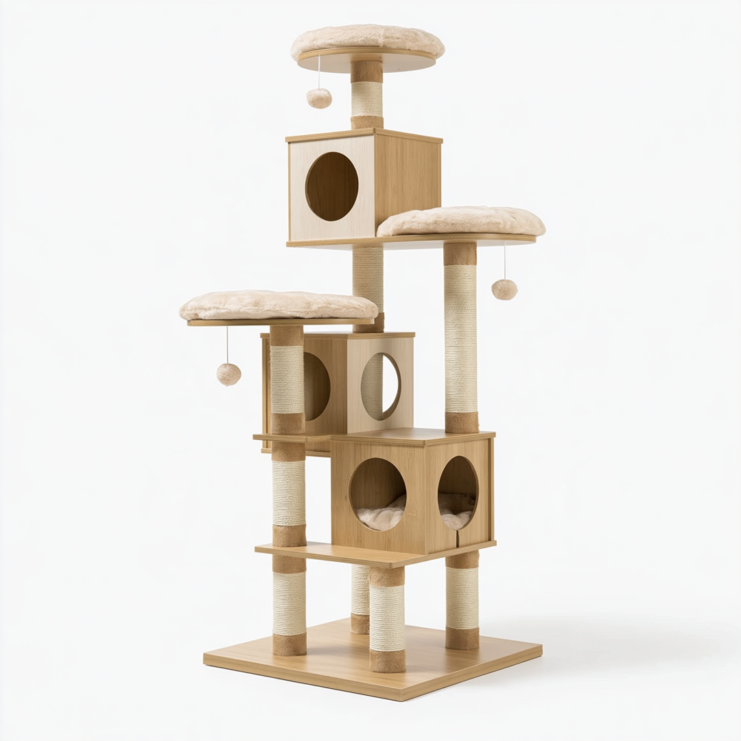 Arbre à chat 60 x 60 x 170 cm en bois beige avec poteaux en sisal niches et plateformes