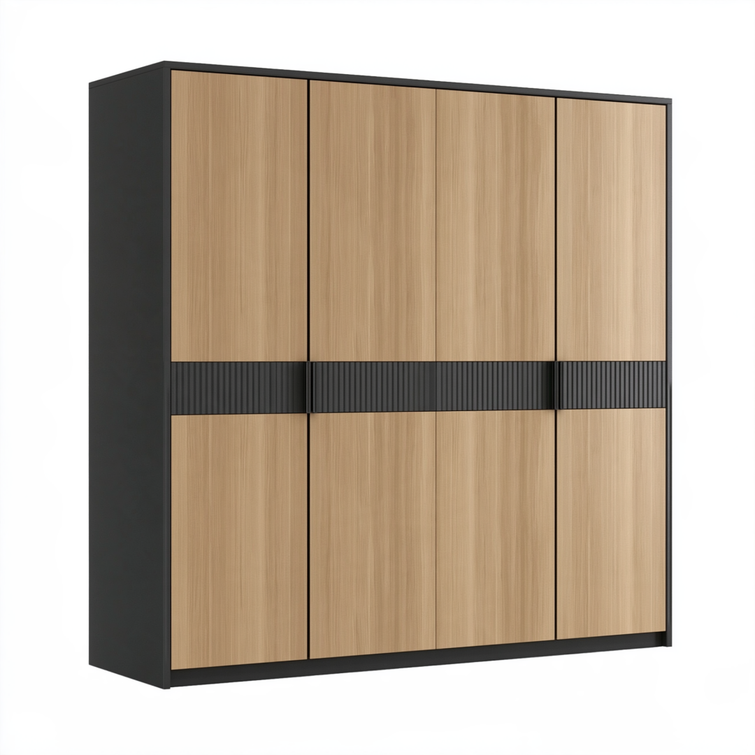 Armoire 4 portes 180 x 60 x 200 cm finition bois clair noir style contemporain
