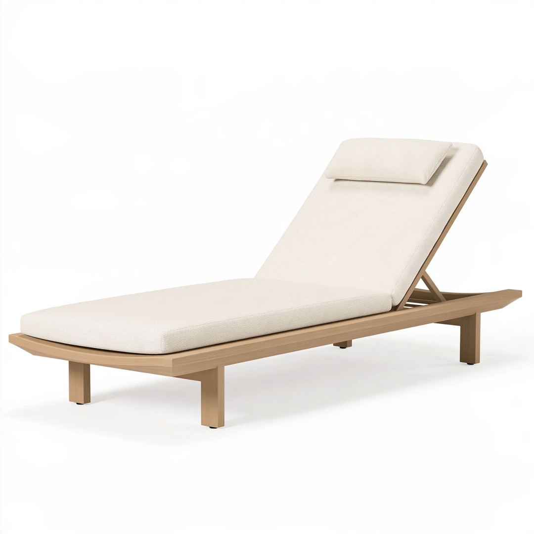 Chaise longue de jardin 200 x 70 cm en bois beige avec coussin blanc dossier réglable