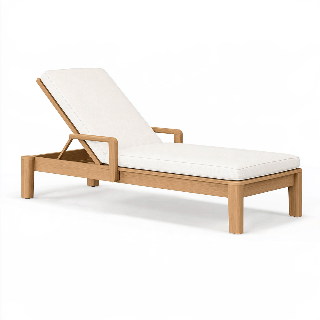 Chaise longue 200 x 75 cm en bois beige avec coussin blanc dossier inclinable style contemporain