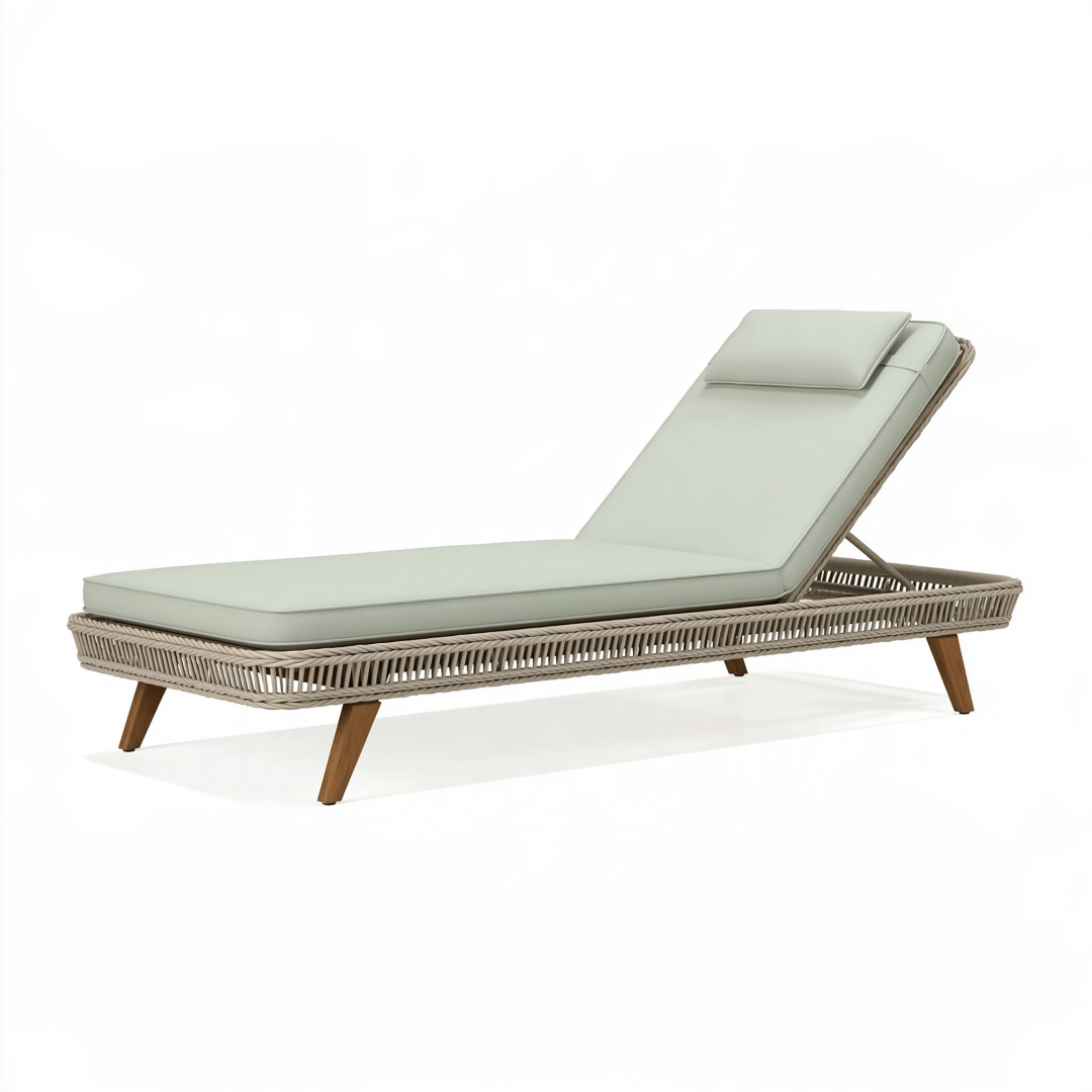 Chaise longue de jardin 200 x 75 x 85 cm en bois et résine tressée beige avec dossier réglable