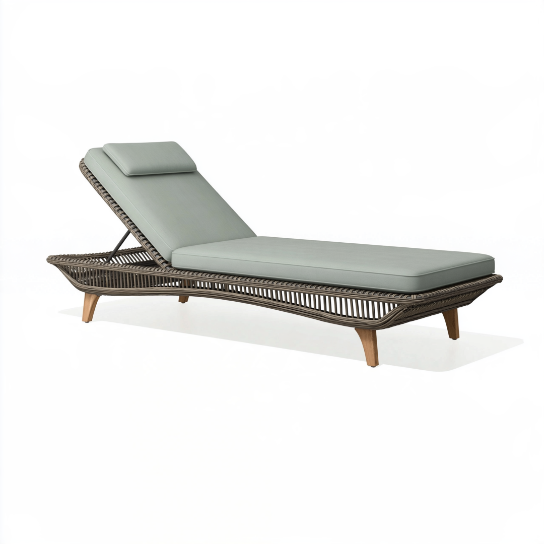 Chaise longue de jardin 200 cm en résine tressée gris vert avec dossier réglable