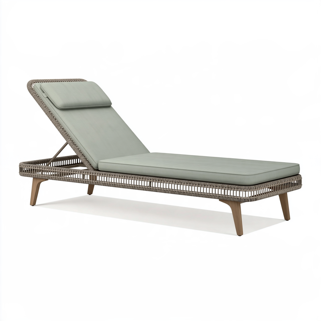 Chaise longue de jardin 200 x 70 cm en résine tressée gris vert dossier réglable