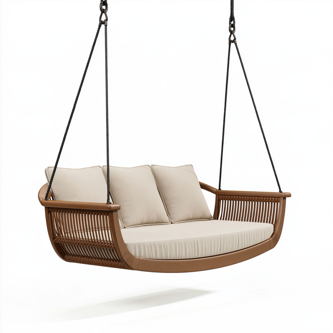 Balancelle suspendue 3 places 180 x 75 x 130 cm en bois marron avec cordes noires style naturel