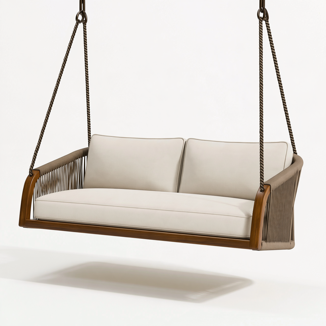 Balancelle suspendue 160 x 75 x 65 cm en bois brun et textile beige - style contemporain d'extérieur