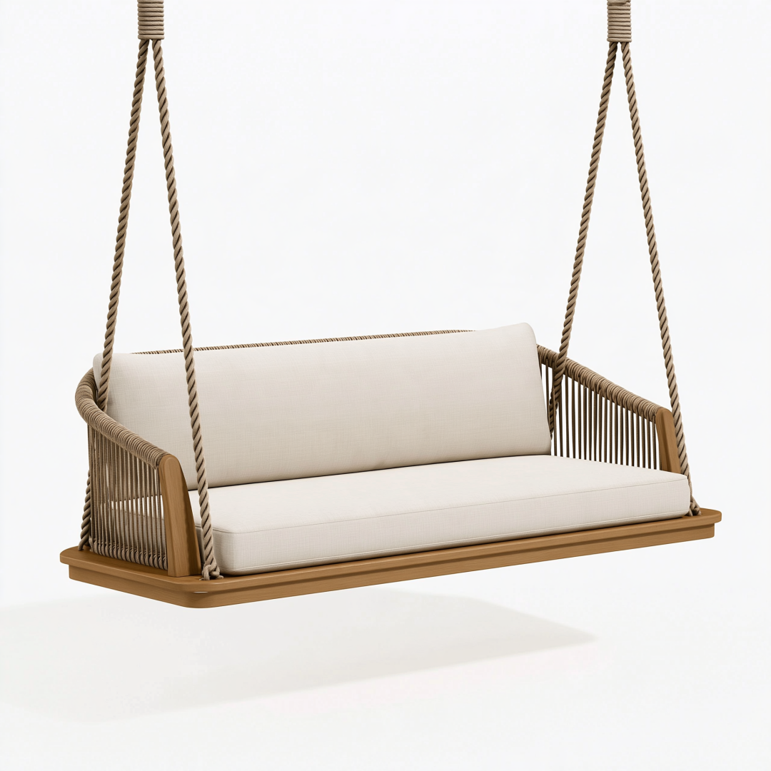 Balancelle de jardin 130 x 70 x 180 cm en bois et corde beige style bohème 2 places